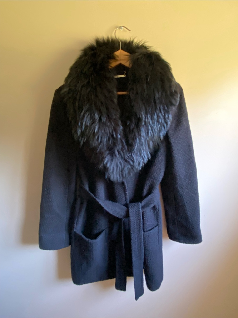 Diane Von Furstenberg Wool Blend Coat With Racoon Fur Trim